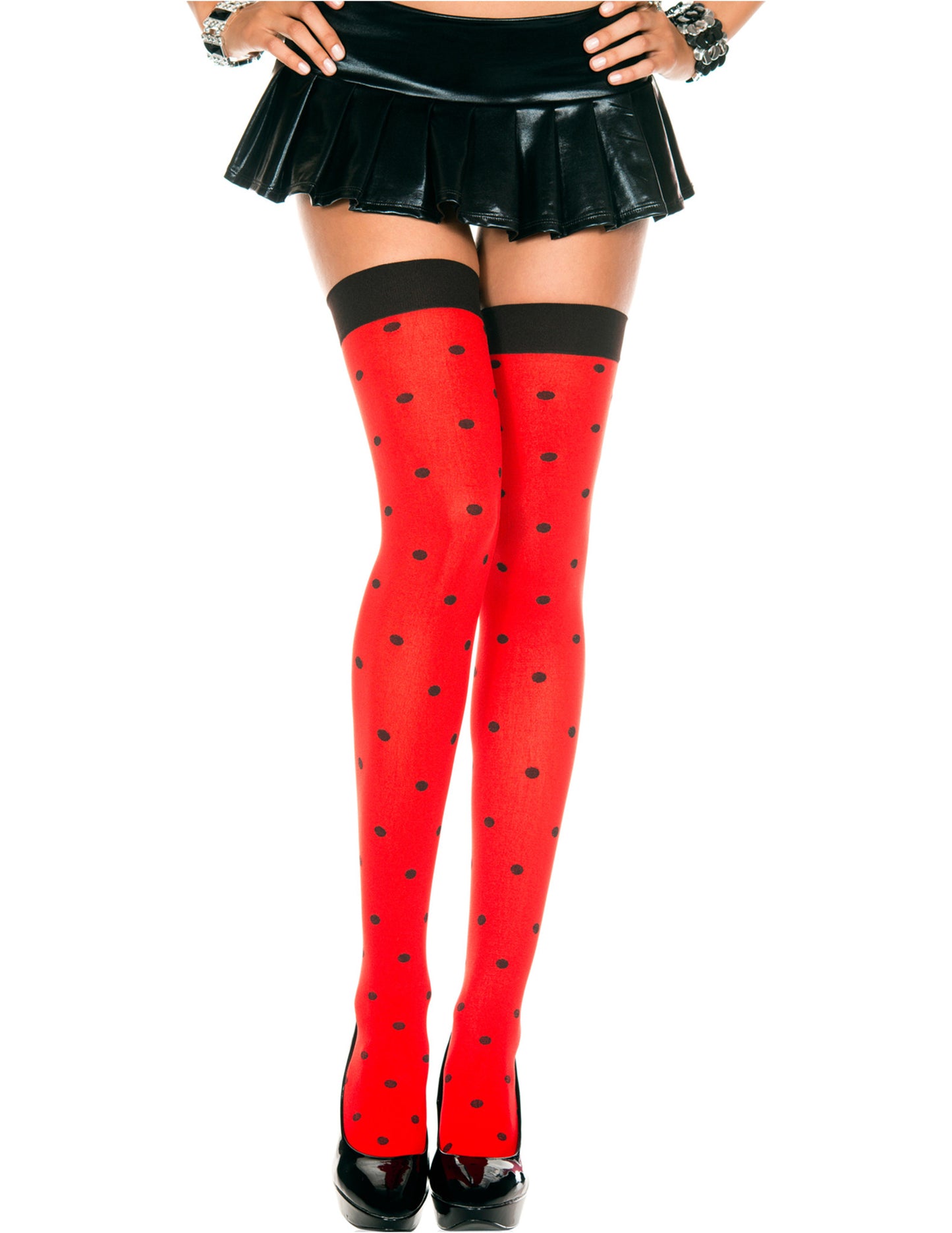 Red and Black Opaque Ladybug Thigh High Stockings, One Size