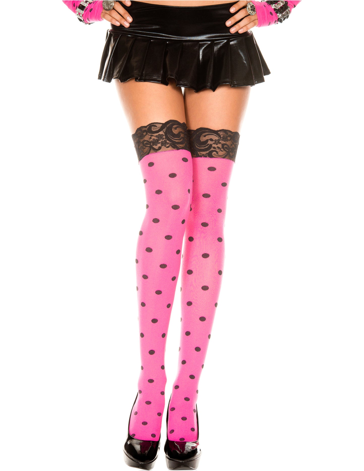 Pink and Black Polka Dot Opaque Thigh Hi Stocking, One Size