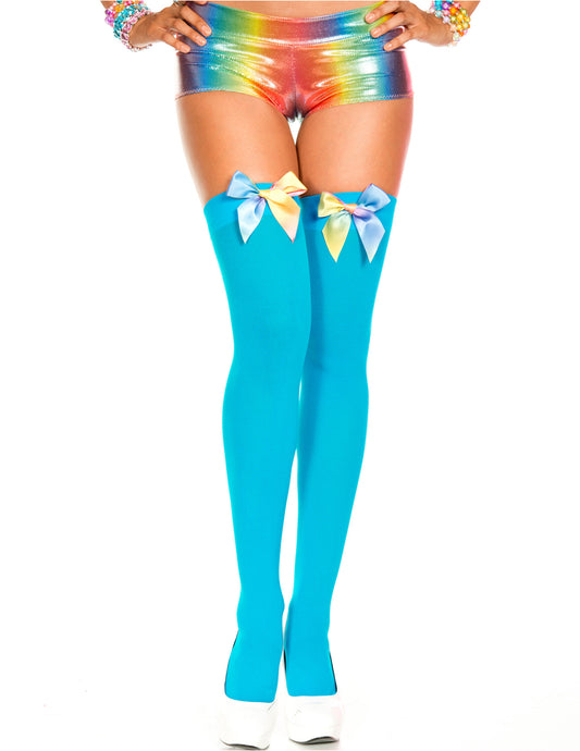 Turquoise Blue Opaque Rainbow Satin Bow Thigh High, One Size