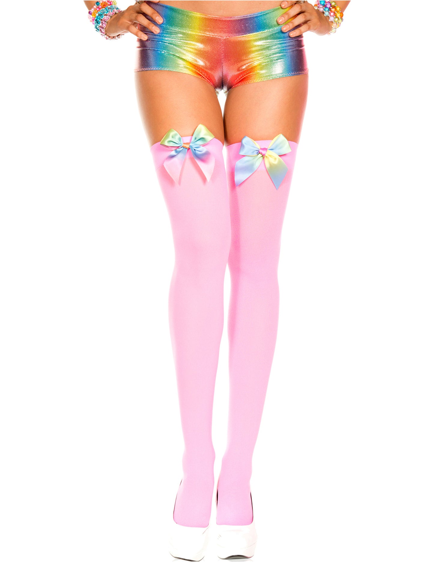 Neon Pink Opaque Rainbow Satin Bow Thigh High, One Size