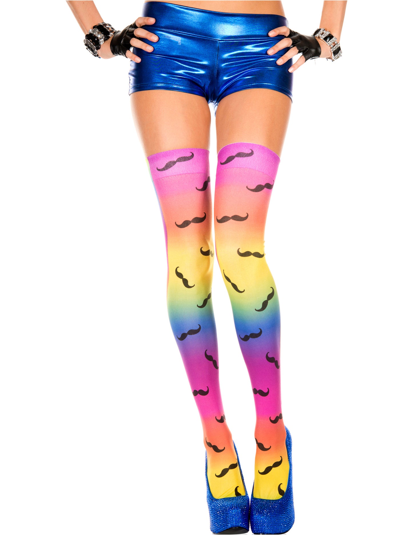 Rainbow Colored Thigh High Stockings with Mustache Print, One Size