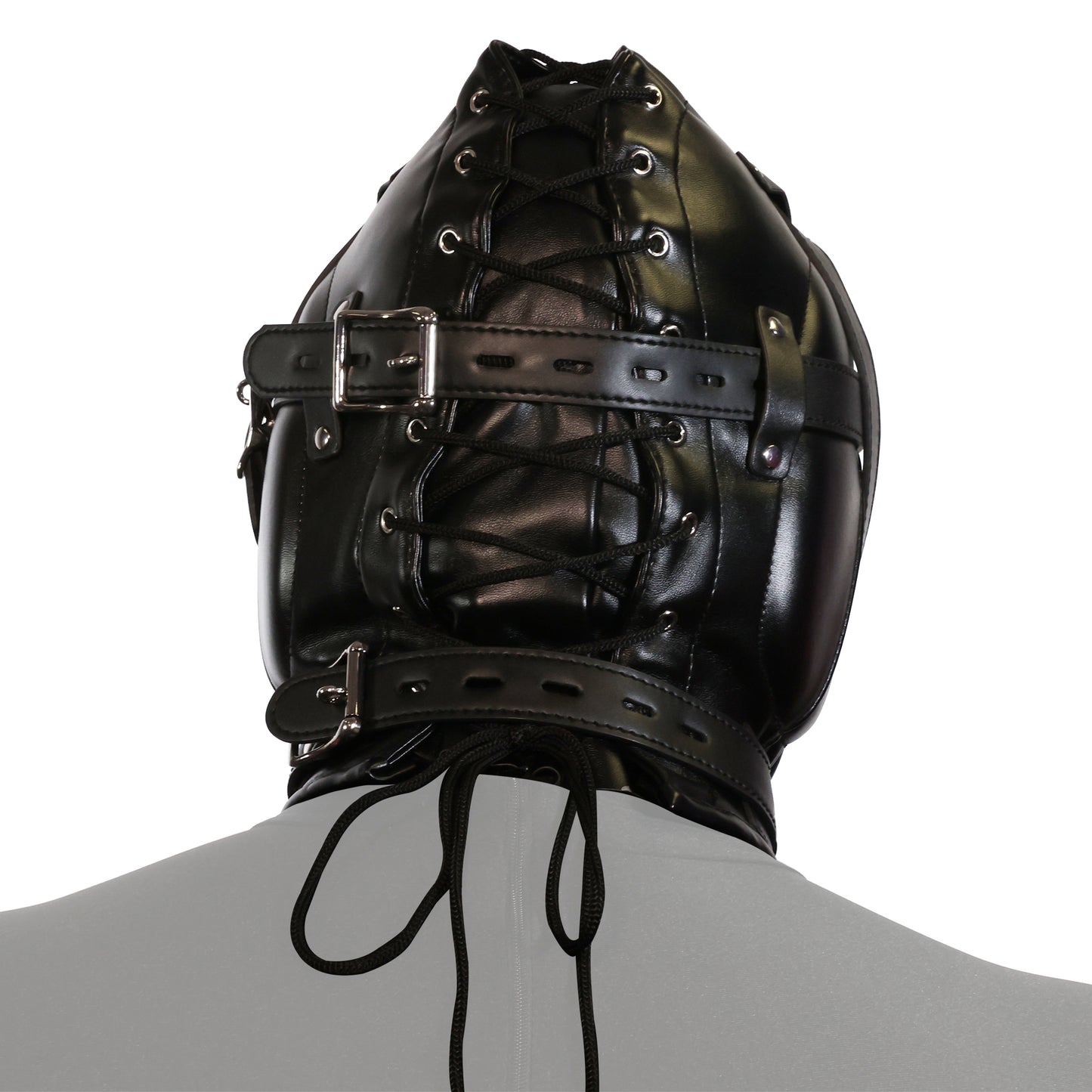 UNTAMED BLACK FAUX LEATHER METAL STUDDED BLINDFOLD HOOD