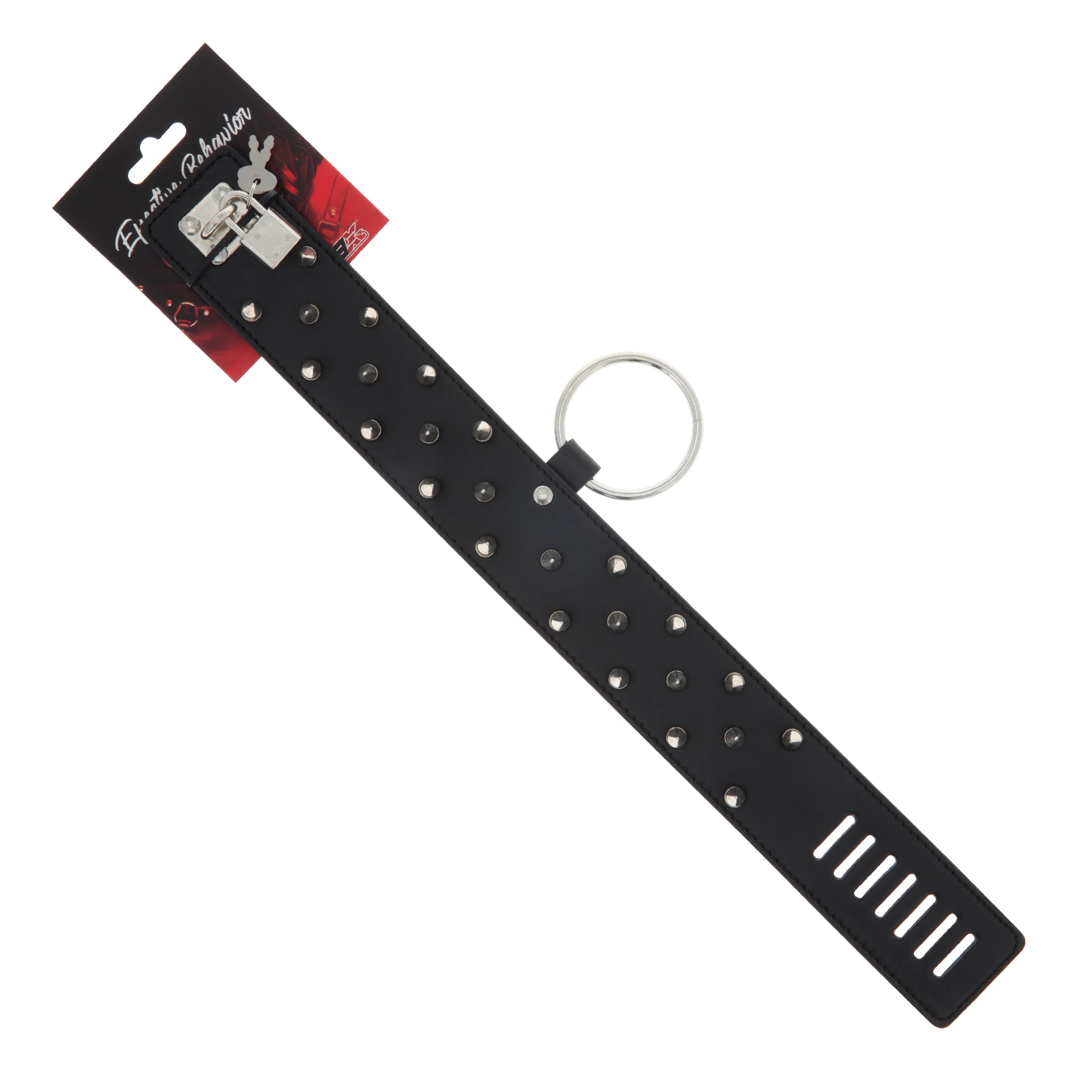COLLAR BLACK W/METAL STUDS-LARGE RING-LOCK